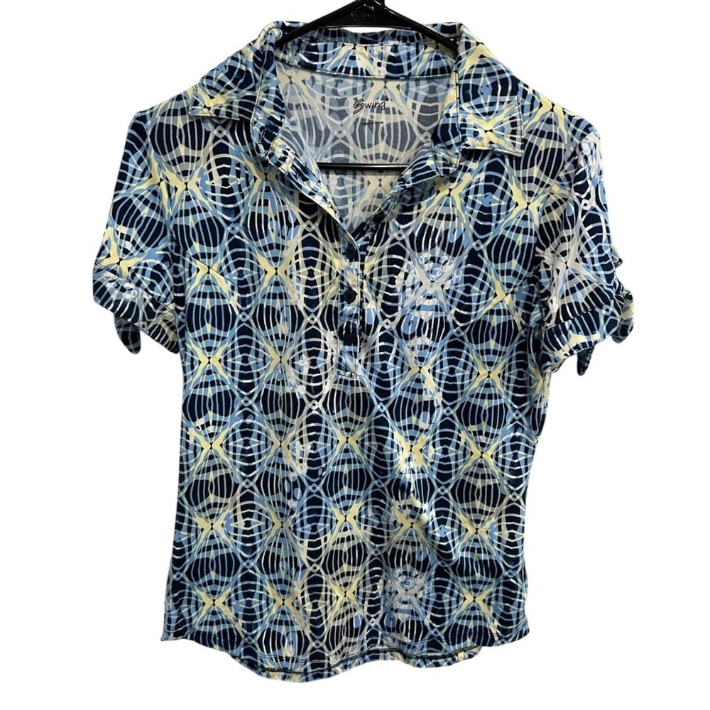 Swing Womens Blue Geometric Short Sleeve Button-Up Shirt Size S Lightweight Casu